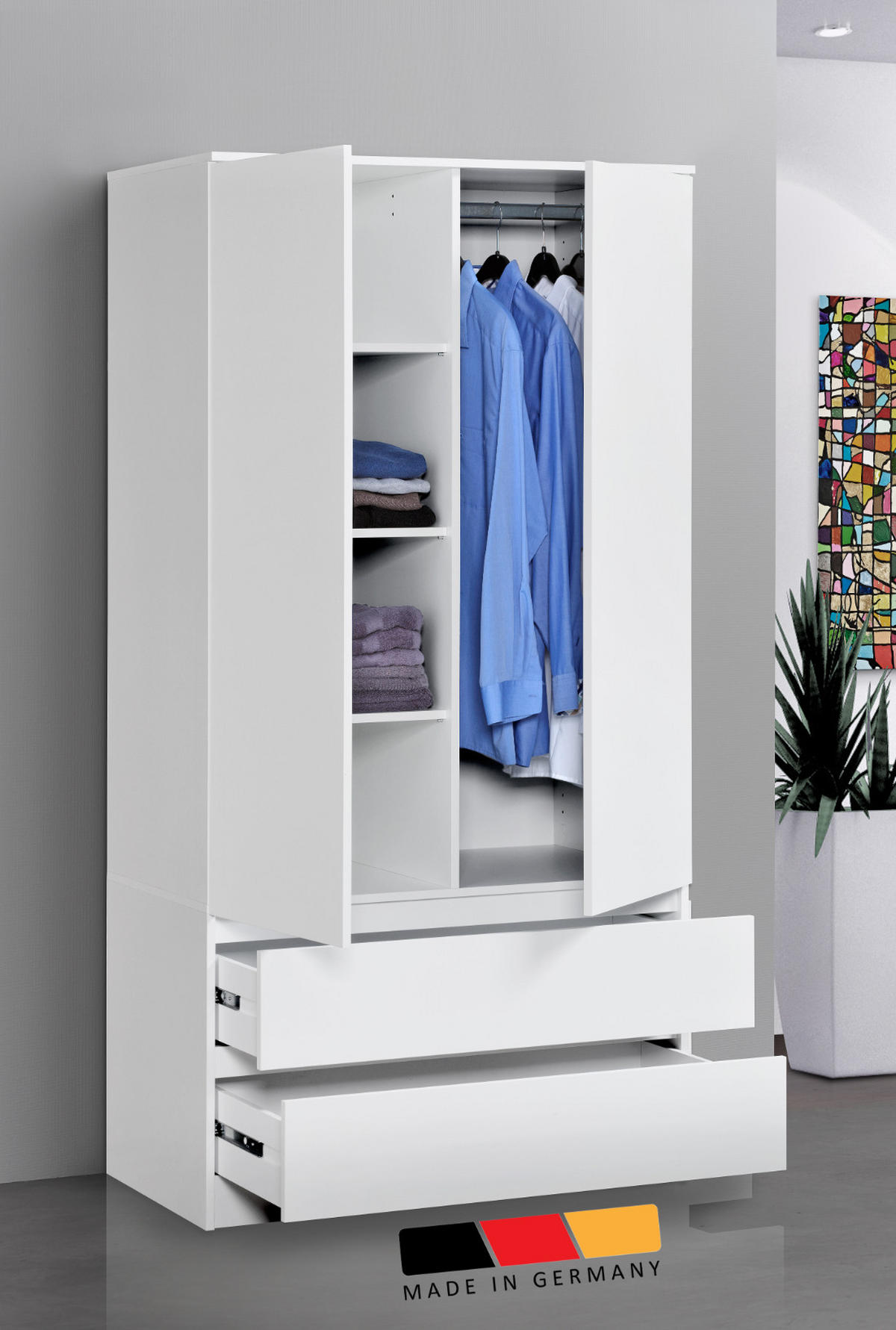 GARDEROBE mit 2 Türen, 3 Einlegeböden und 2 Schubkästen in weiß - Weiß, Holzwerkstoff (90/182/51cm) - Home Collective