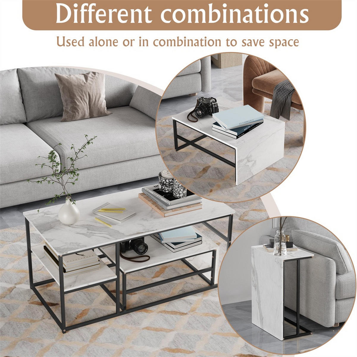 COUCHTISCH - Rechteckiger Couchtisch in Marmoroptik mit schwarzem Metallgestell - Weiß und Schwarz - Schwarz, Holzwerkstoff (52/105/48.5cm) - DELFA