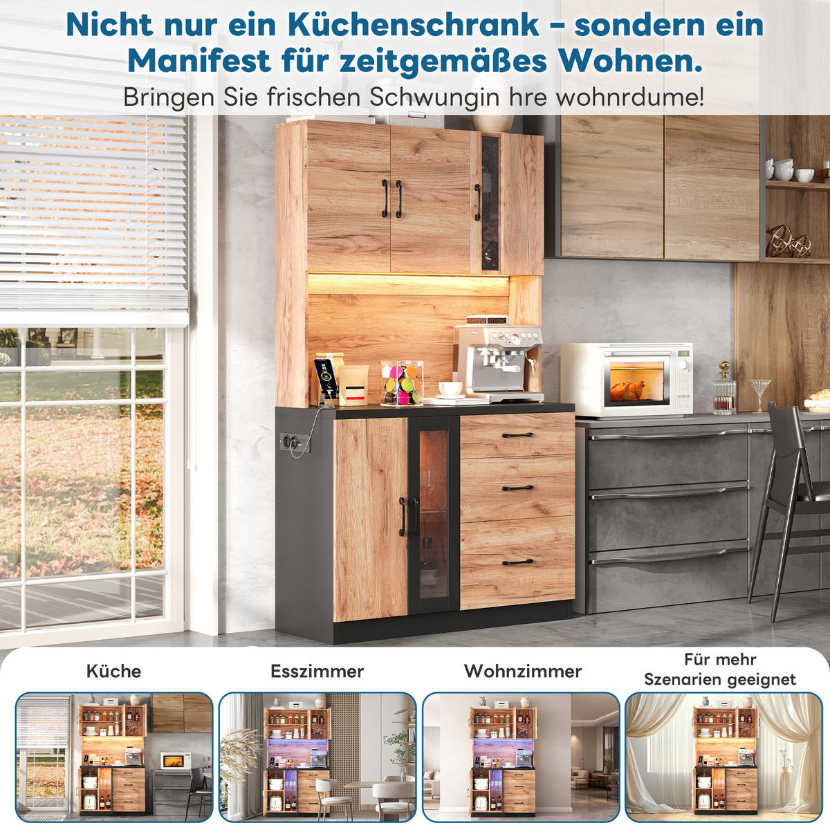 BUFFET 105/40/180 cm Neutral mit LED-Beleuchtung, verstellbaren Einlegeböden und Steckdose im Euro-Stil - Naturfarben, Holz (105/180/40cm) - Oxeza