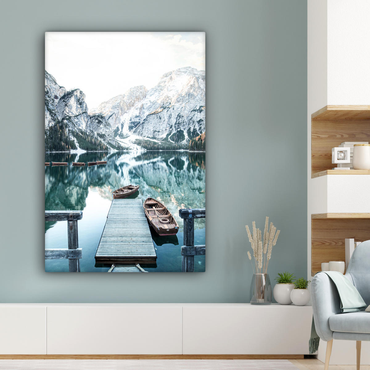 LEINWANDBILD Natur - Berge - Schnee - Wald - Boot 80x120 cm - Hellgrün, Textil (80/120cm) - MuchoWow