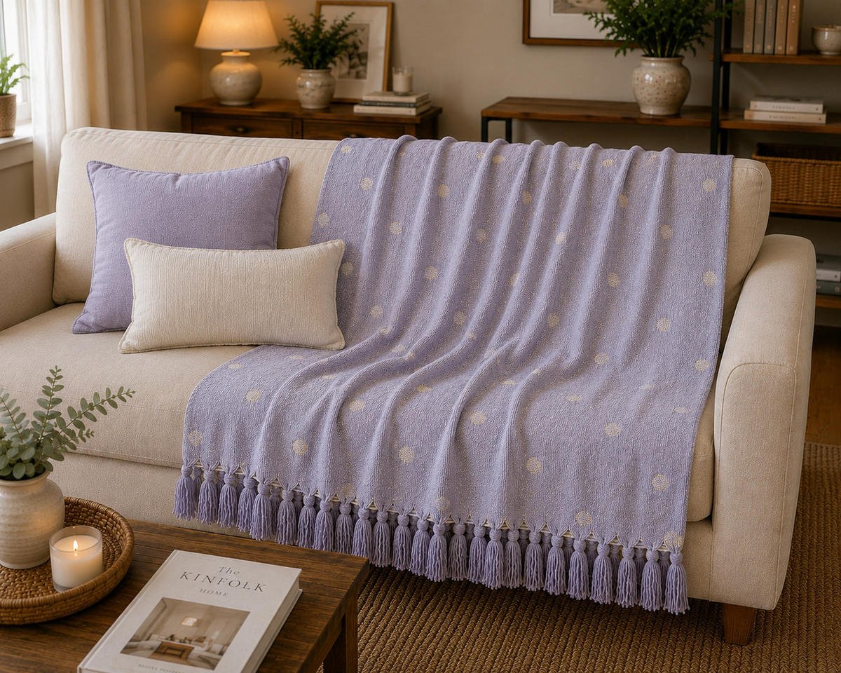WOHNDECKE Baumwolle 130x170 cm Mit Fransen – Polka Royal/Natur - Blau, Naturmaterialien (130/170cm) - AU Maison