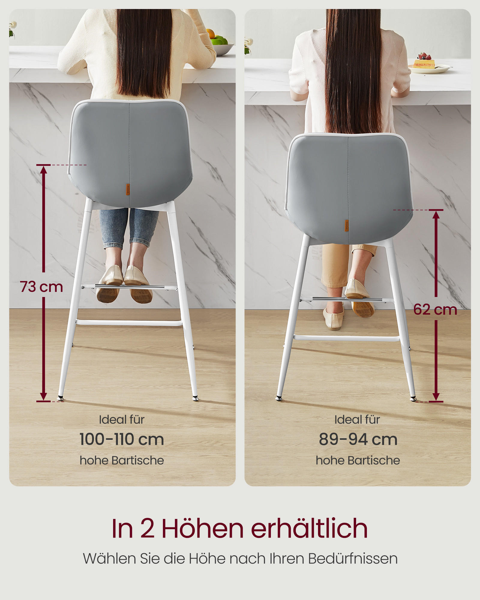 BARHOCKER Leo (2er Set) - Grau, Leder (50/88/50cm) - VASAGLE