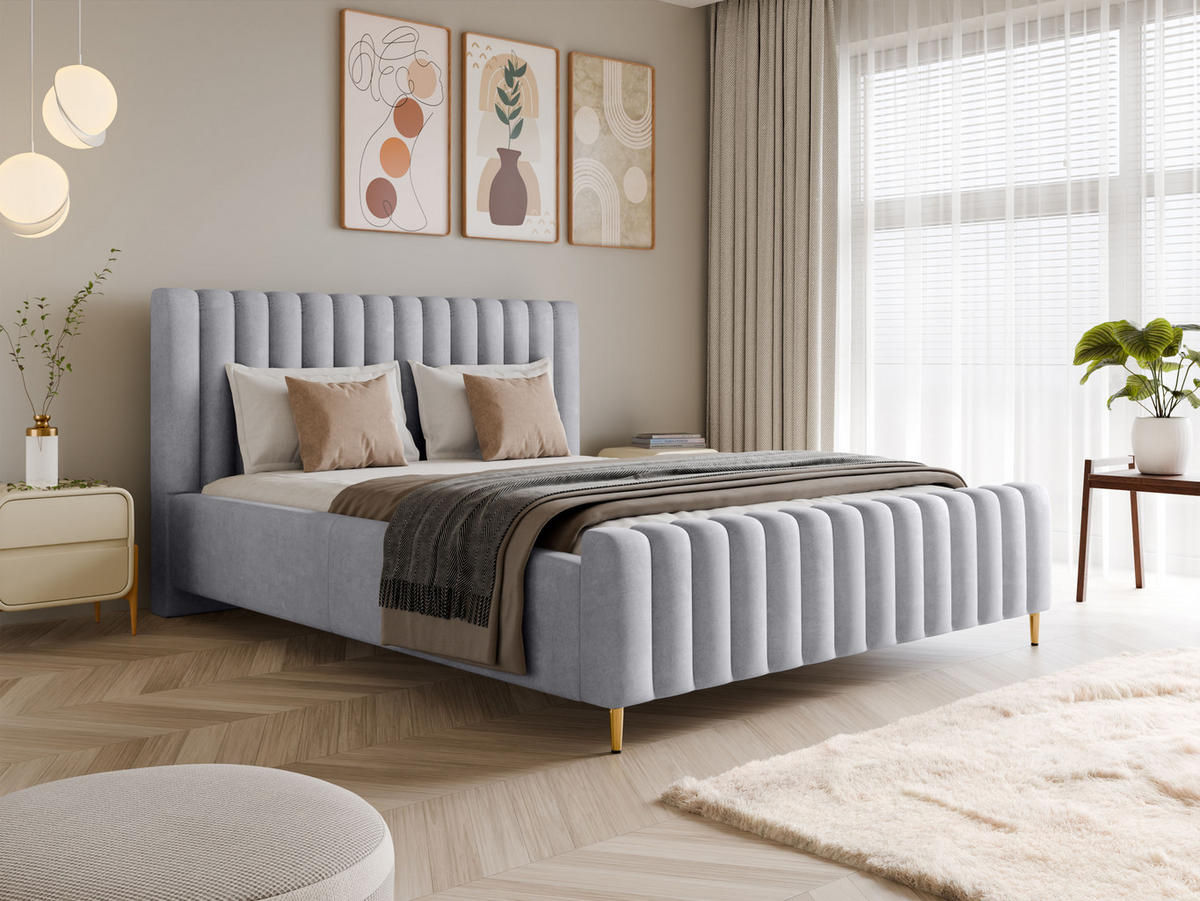 POLSTERBETT Lux Silber 120x200 cm mit Stauraum, Kopfteil, Lattenrost, Goldenen Füßen, Stoff Amon - Silberfarben/Goldfarben, Holzwerkstoff/Kunststoff (120/200cm)
