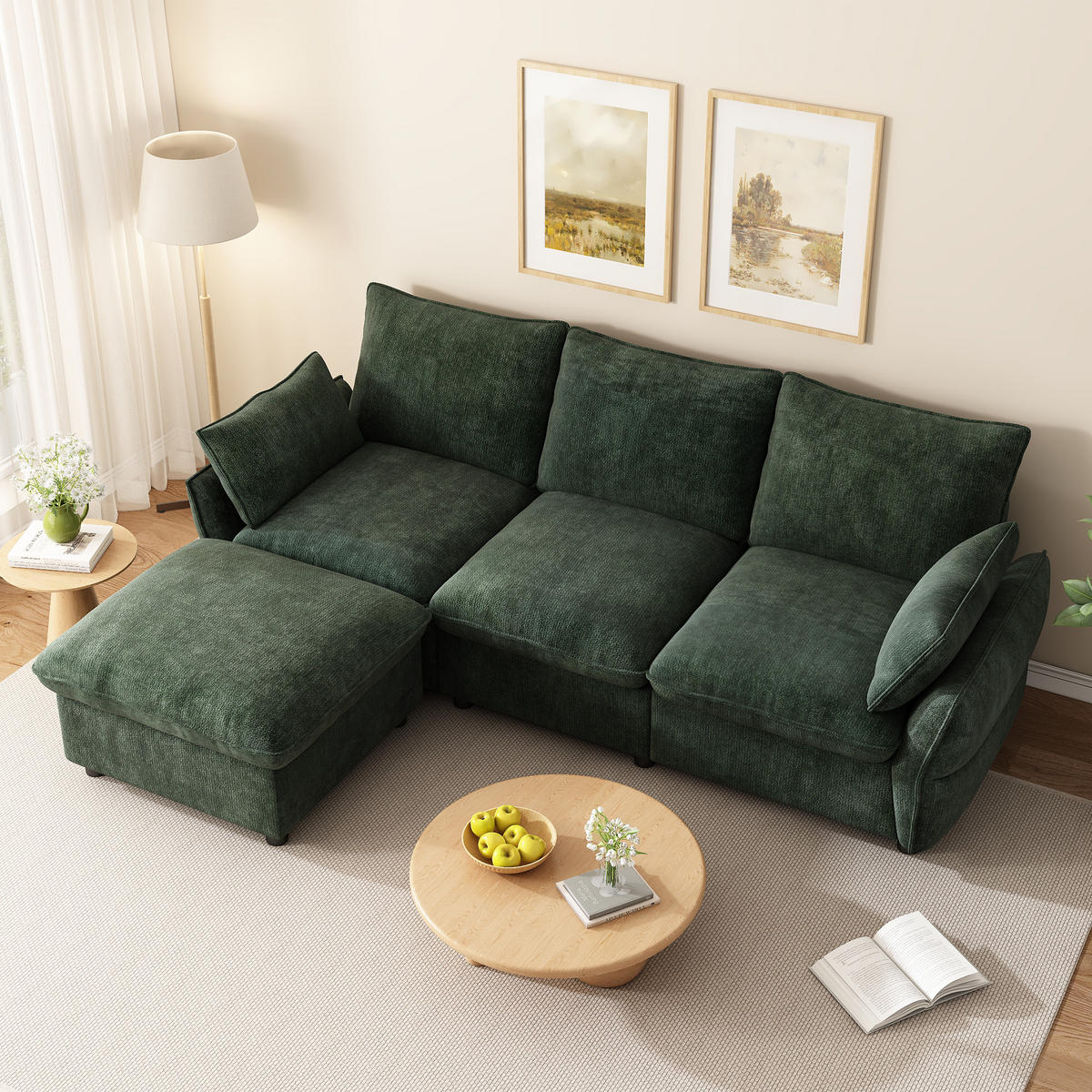 ECKSOFA 222.5/154.5/76.5 cm Dunkelgrün Chenille mit 1 Fußhocker - Dunkelgrün, Textil/Metall (222.5/154.5cm) - Oxeza