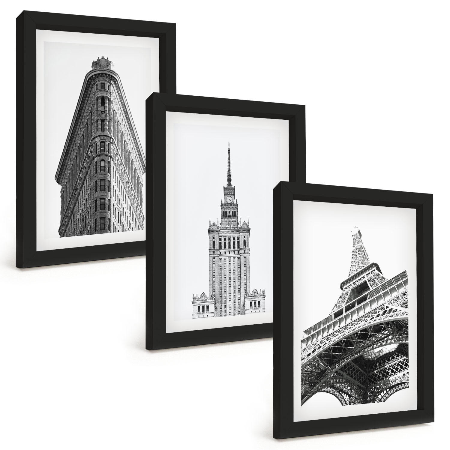 BILDER SET 3er Set - 20x30 cm Schwarzer Rahmen - Architektonische Schwarz-Weiß-Gebäude - Schwarz, Kunststoff (20/30cm) - TULUP