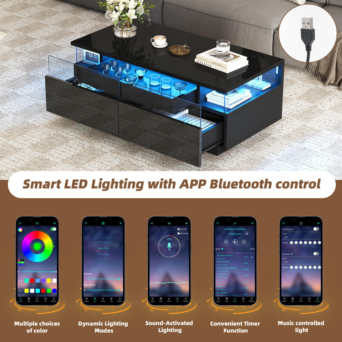 COUCHTISCH 90/45/35,5 cm Schwarz aus Holzwerkstoff mit abnehmbarem Tablett und LED-Licht - Schwarz, Holzwerkstoff (90/45/35.5cm) - OKWISH