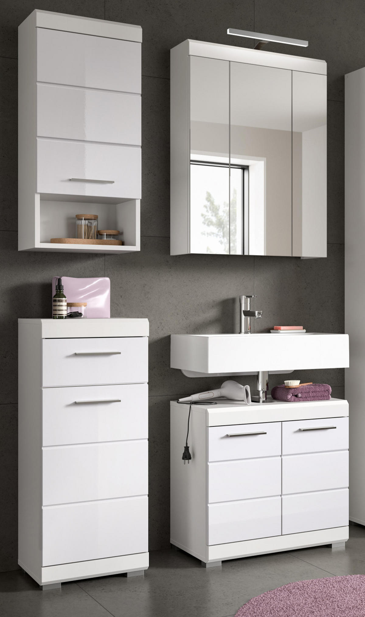 BADMÖBEL-SET weiß Hochglanz 4-teilig 112 cm, Komplettset mit viel Stauraum - Weiß Hochglanz, Glas/Holzwerkstoff (112/191/34cm) - Inn.Furn