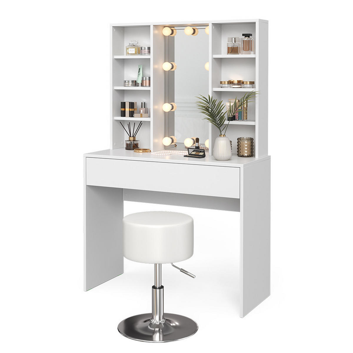 SCHMINKTISCH Alexa Weiß 93 cm mit LED Beleuchtung und Hocker - Weiß, Holzwerkstoff (93/147/40cm) - Vicco