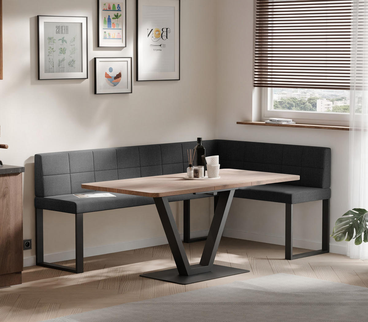 ECKBANK rechts SANA U Webstoff gesteppt, 168/128 cm Anthrazit - Anthrazit, Textil/Metall (128/168cm) - Idohome