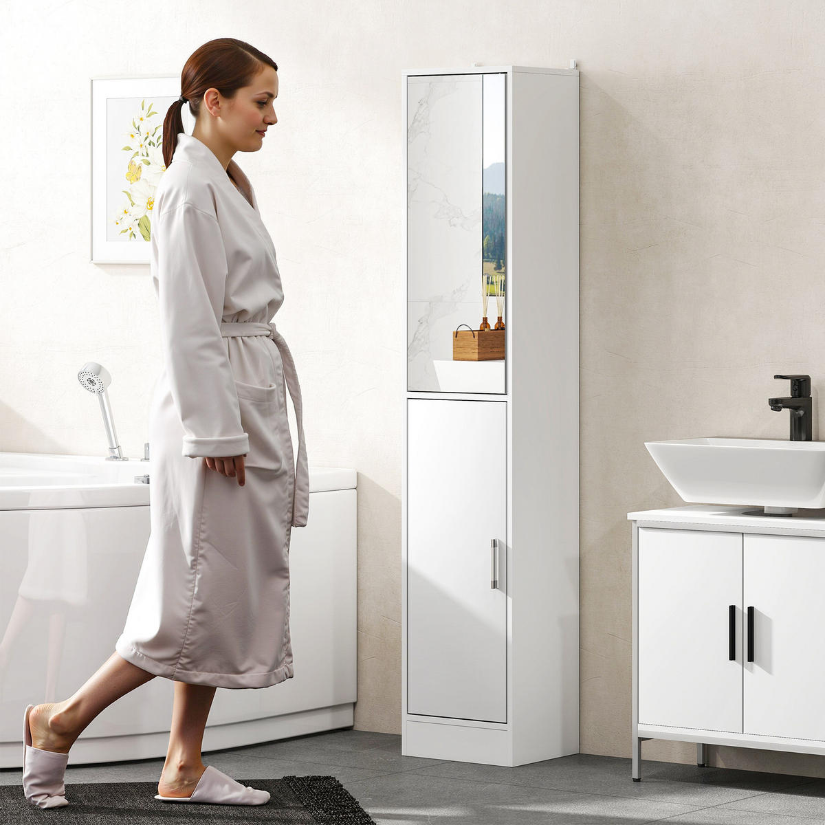 HOCHSCHRANK DE-12532 mit spiegel 32/28/162 cm Weiß - Weiß, Holzwerkstoff (28/162/32cm) - ComfortXL