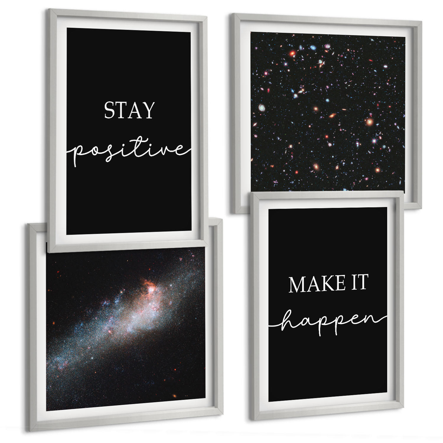 BILDER SET 4er Set - 50x50 cm & 40x60 cm Silberner Rahmen - Motivationsslogans Sterne Weltraum - Silberfarben, Kunststoff (50/50cm) - TULUP