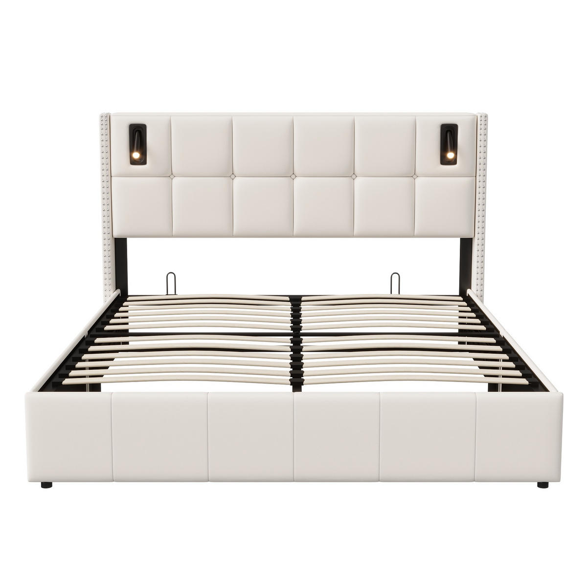 BETT mit Stauraum 140/200 cm, mit 2 zylindrischen LED-Lampen, Stauraum, USB-A/C-Aufladung, Holzlattenrost, Metallrahmen, gepolstertes Samtbett – Beige - Beige, Holzwerkstoff (140/200cm) - Brevoria