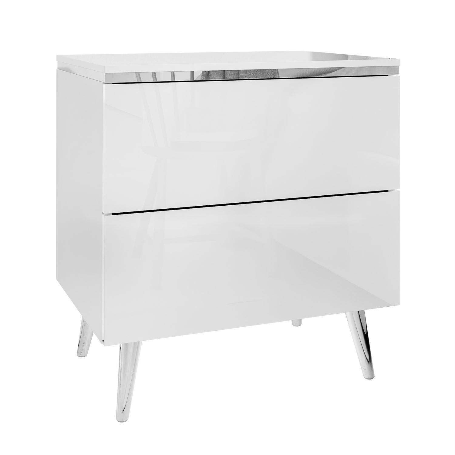 NACHTTISCH AURORA II SILVER Hochglanz Weiß mit LED-Beleuchtung – mit schrägen verchromten Beinen - Weiß Hochglanz, Holzwerkstoff (50/53/37cm) - Lookway