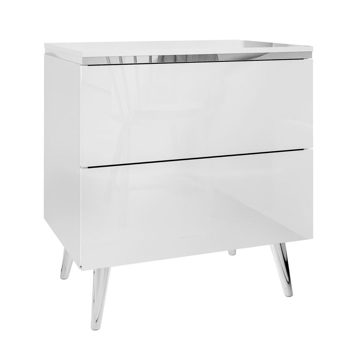NACHTTISCH AURORA II SILVER Hochglanz Weiß mit LED-Beleuchtung – mit schrägen verchromten Beinen - Weiß Hochglanz, Holzwerkstoff (50/53/37cm) - Lookway