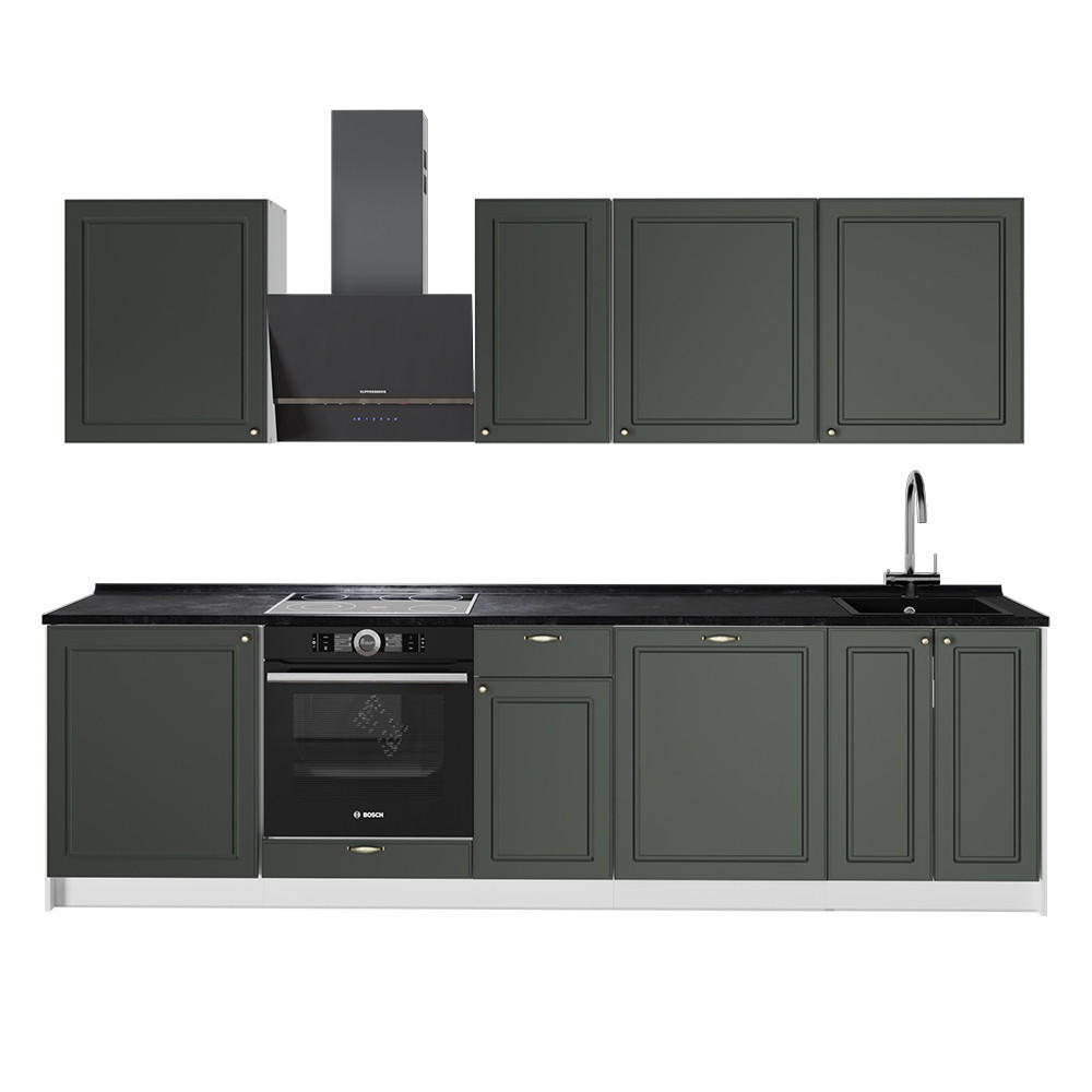KÜCHENZEILE Fame-Line, Grün-Gold Landhaus/Weiß, 280 cm ohne Arbeitsplatte - Weiß/Grün, Holzwerkstoff (280/82/51.6cm) - Vicco