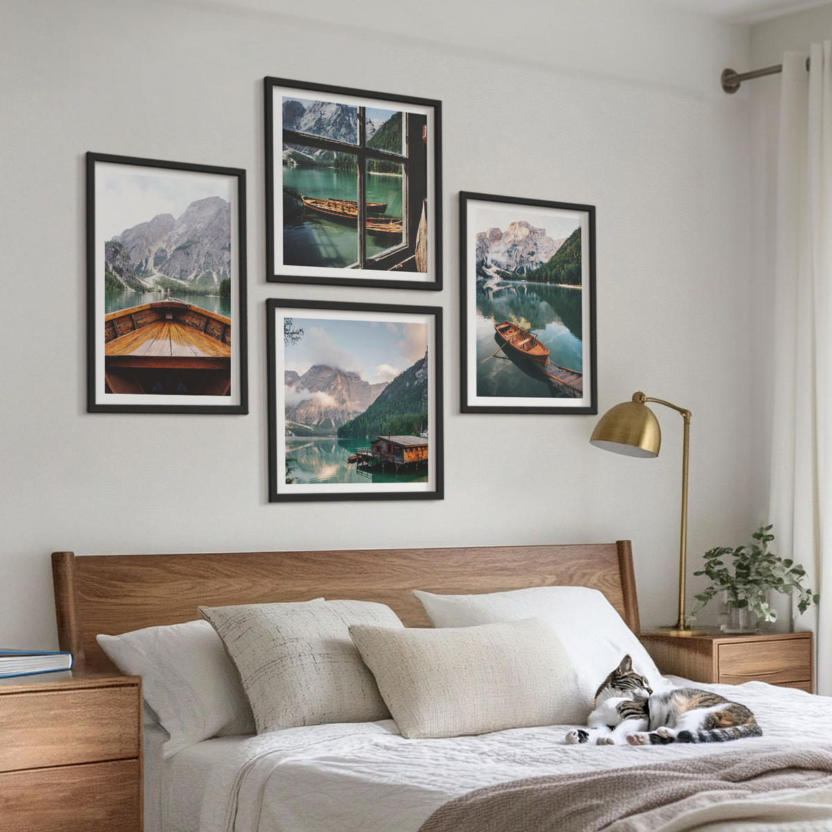 BILDER SET 4er Set - 50x50 cm & 40x60 cm Schwarzer Rahmen - See, Berge, Boote, Hütte, Fenster - Schwarz, Kunststoff (50/50cm) - TULUP