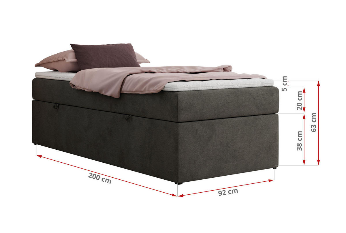 BOXBETT ZERO 90/200 - Dunkelgrau Kunstleder - H4 - Topper Visco - Dunkelgrau, Textil (90/200cm) - MKS