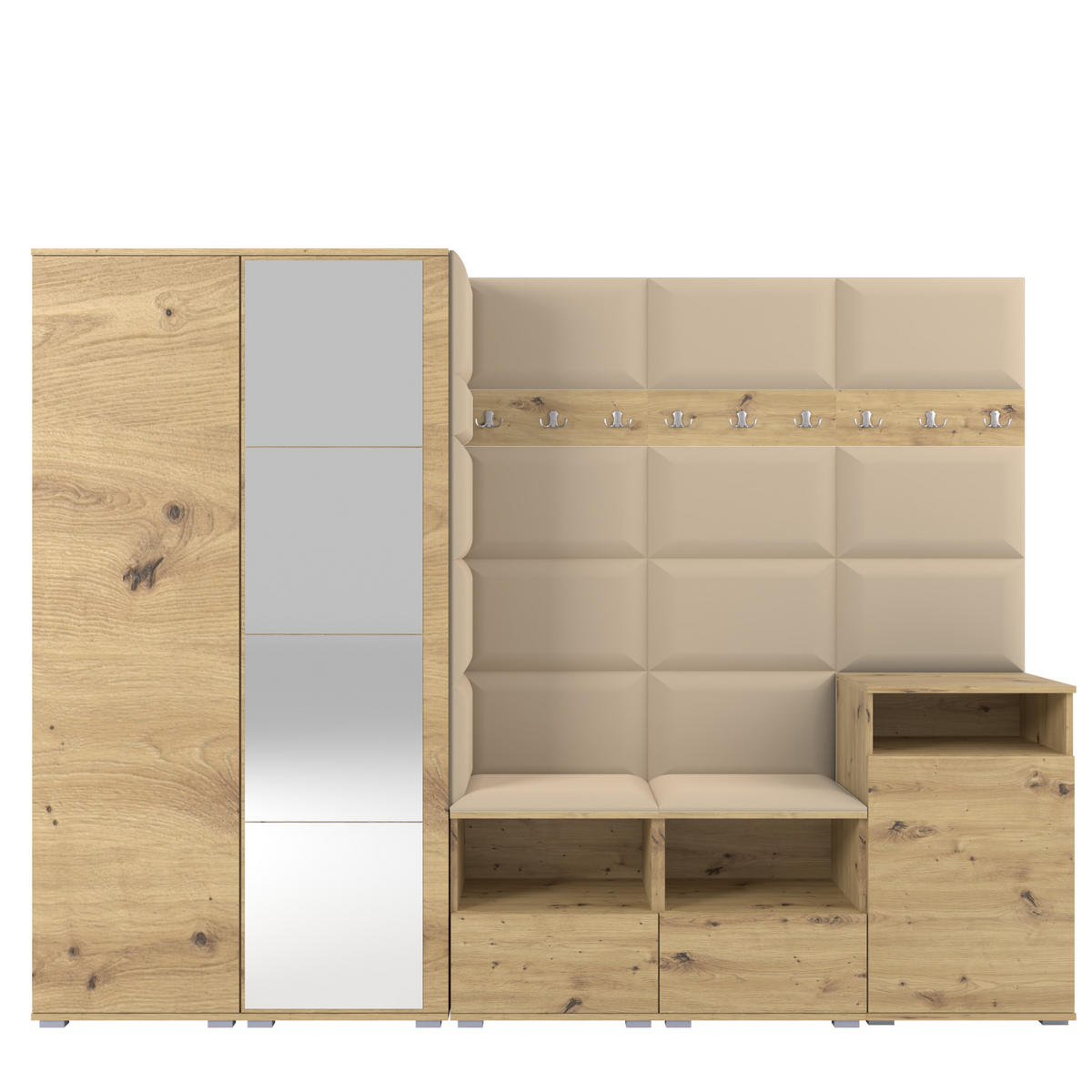GARDEROBE NELA VIII 250 cm (Modulare Flurmöbel Artisan Eiche mit Spiegel & Sitzpolster Beige 04 Set XL) - Beige/Silberfarben, Holz/Holzwerkstoff (250/187/40cm) - Ravio