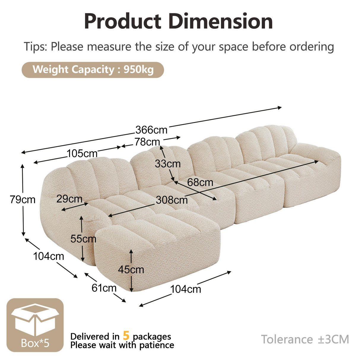 ECKSOFA 366/165/79 cm 4-Sitzer beige-weiß aus granuliertem Fleece modular mit Ottomane - Creme, Textil (165/366cm) - OKWISH