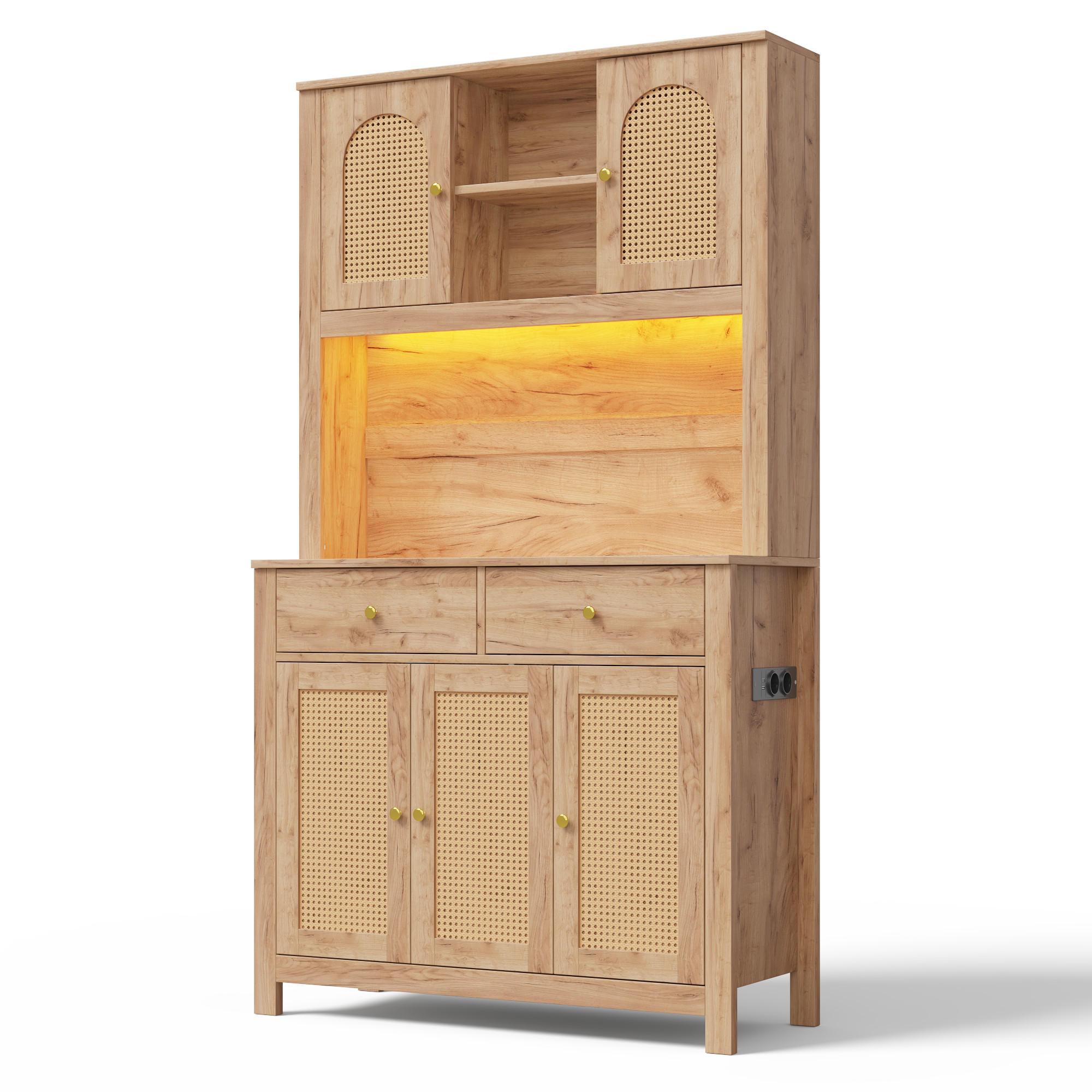 BUFFET DE-38637 100/40/180 cm LED-Beleuchtung und 5 Rattantüren Natur - Naturfarben, Holzwerkstoff (100/180/40cm) - ComfortXL