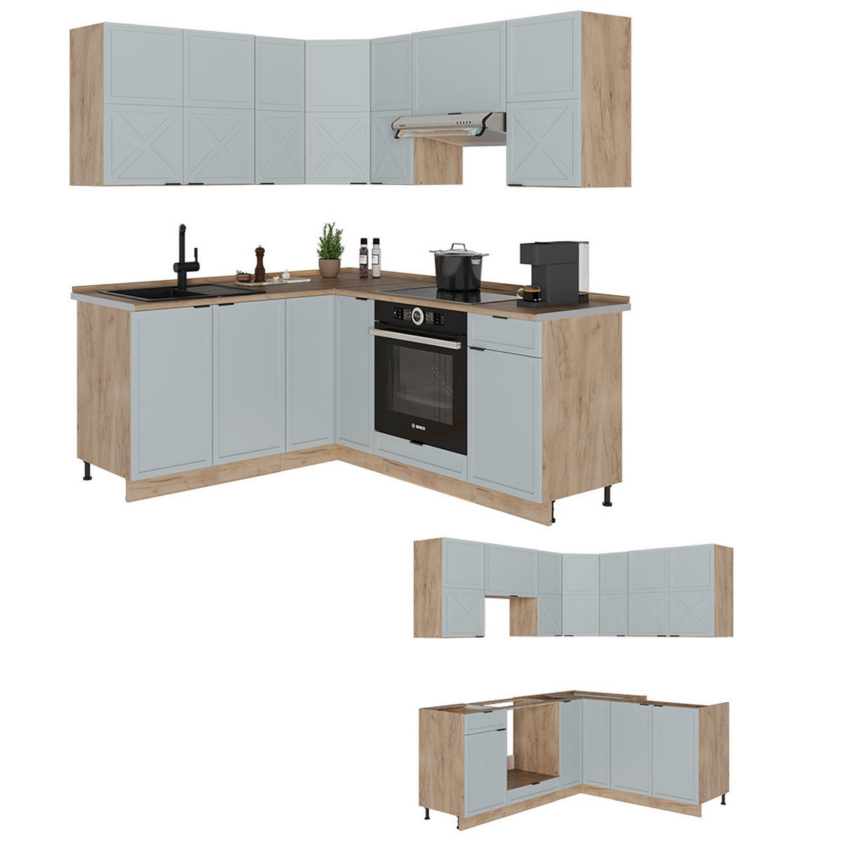 ECKKÜCHE Fame-Line Hellblau-grau/Goldkraft Eiche 160 x 190 cm AP Anthrazit - Honigeiche/Blaugrau, Holzwerkstoff (190/81.6/60cm) - Vicco