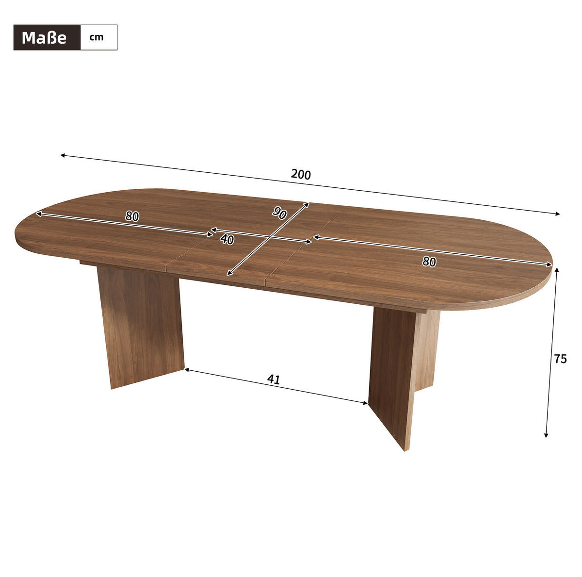 AUSZIEHTISCH in Nussbaumoptik aus MDF – abgerundet & flexibel für 4–8 Personen - Walnussfarben, Holzwerkstoff (200/90/75cm) - BEAOK