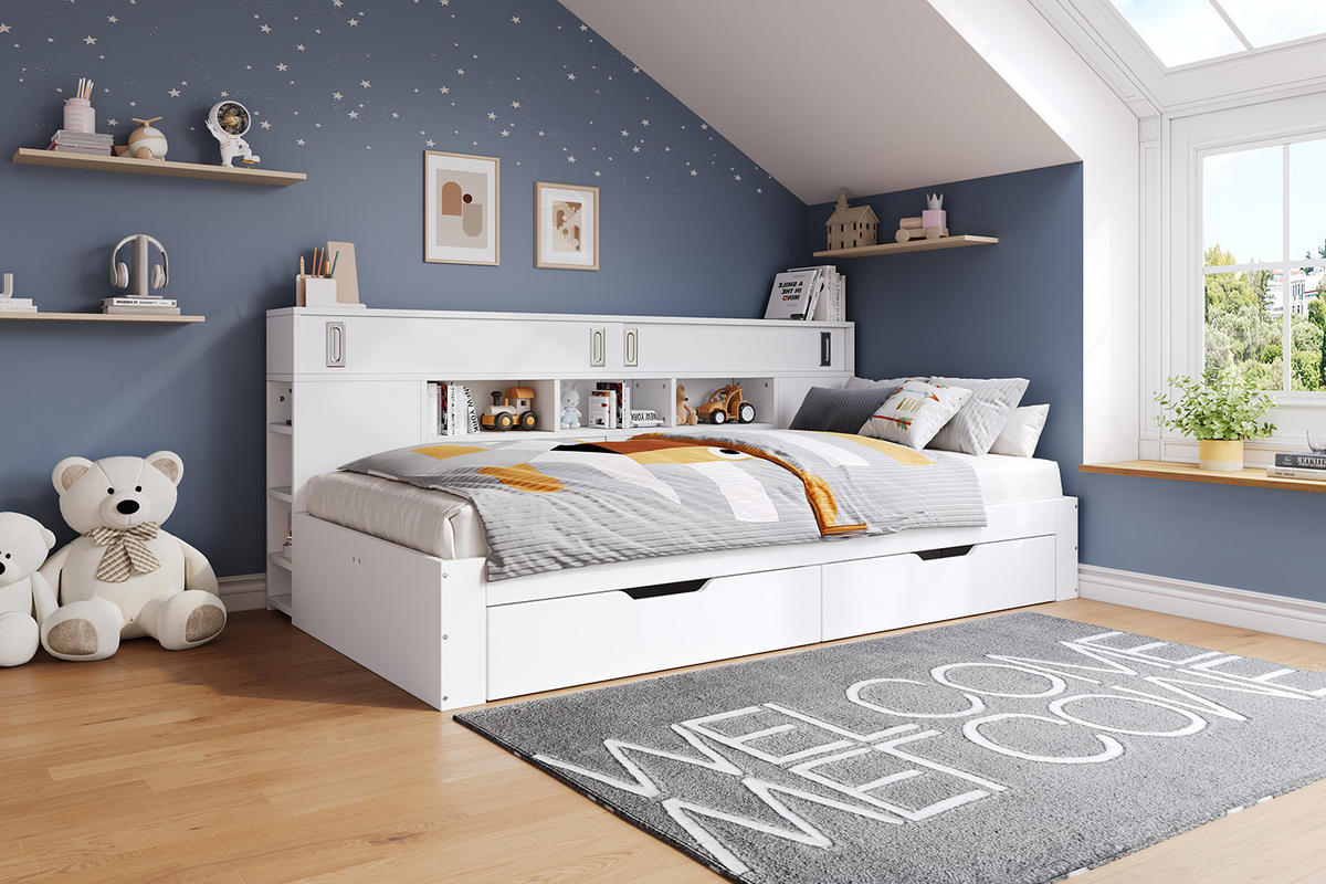 KINDERBETT 90/190 cm in Weiß mit 2 Schubladen, Regal und Schrank - Weiß, Holzwerkstoff (90/190cm) - CHICFURN