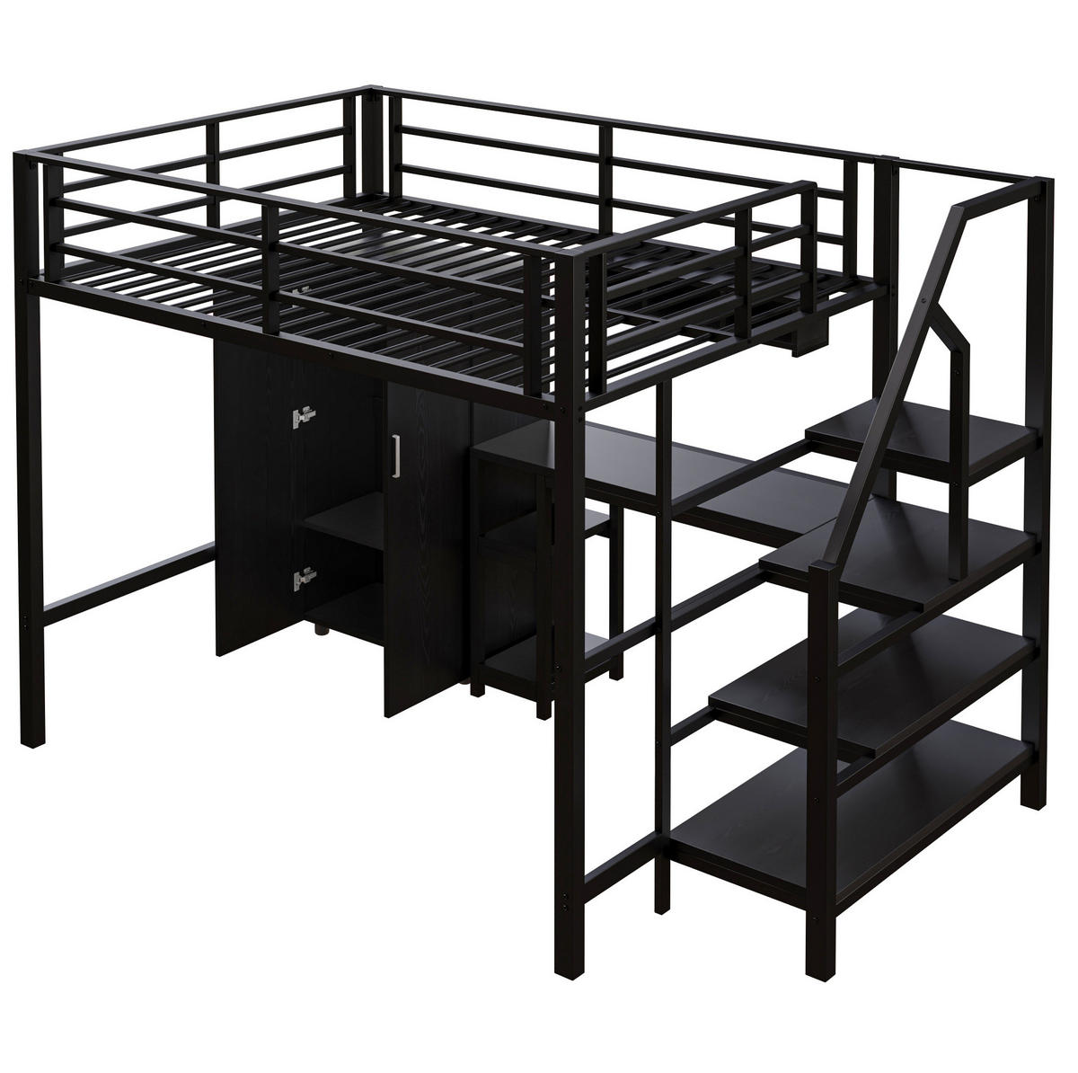 HOCHBETT 140/200 cm mit Kleiderschrank, Regalen, Ablageleiter und Schreibtisch, Schwarz - Schwarz, Metall (140/200cm) - Redom