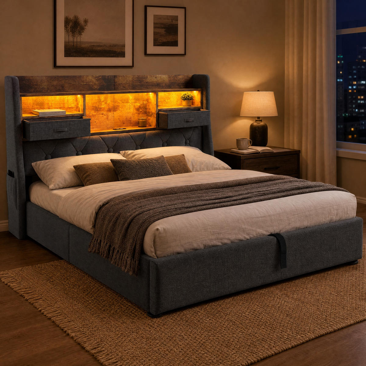 POLSTERBETT 140/200 cm in Grau Leinen mit Bettkasten, LED und USB - Grau, Holzwerkstoff/Textil (140/200cm) - STILVORA