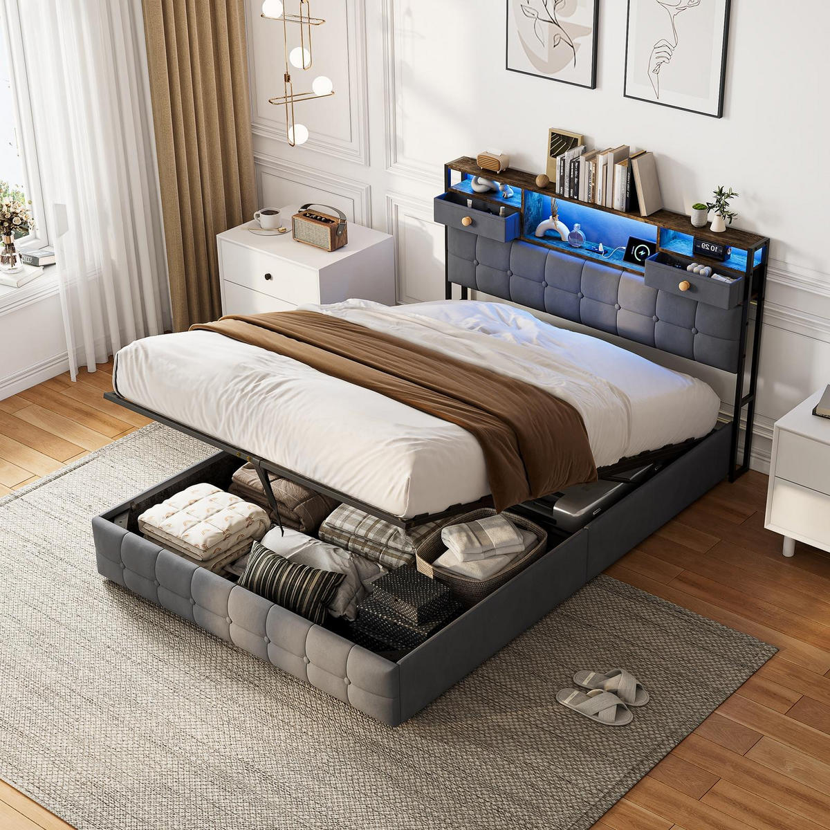 BETT mit hydraulischem Bettkasten, 140/200 cm, mit Samtbezug, LED-Beleuchtung und USB-Anschlüssen, Grau - Grau, Textil/Metall (140/200cm) - Waldena