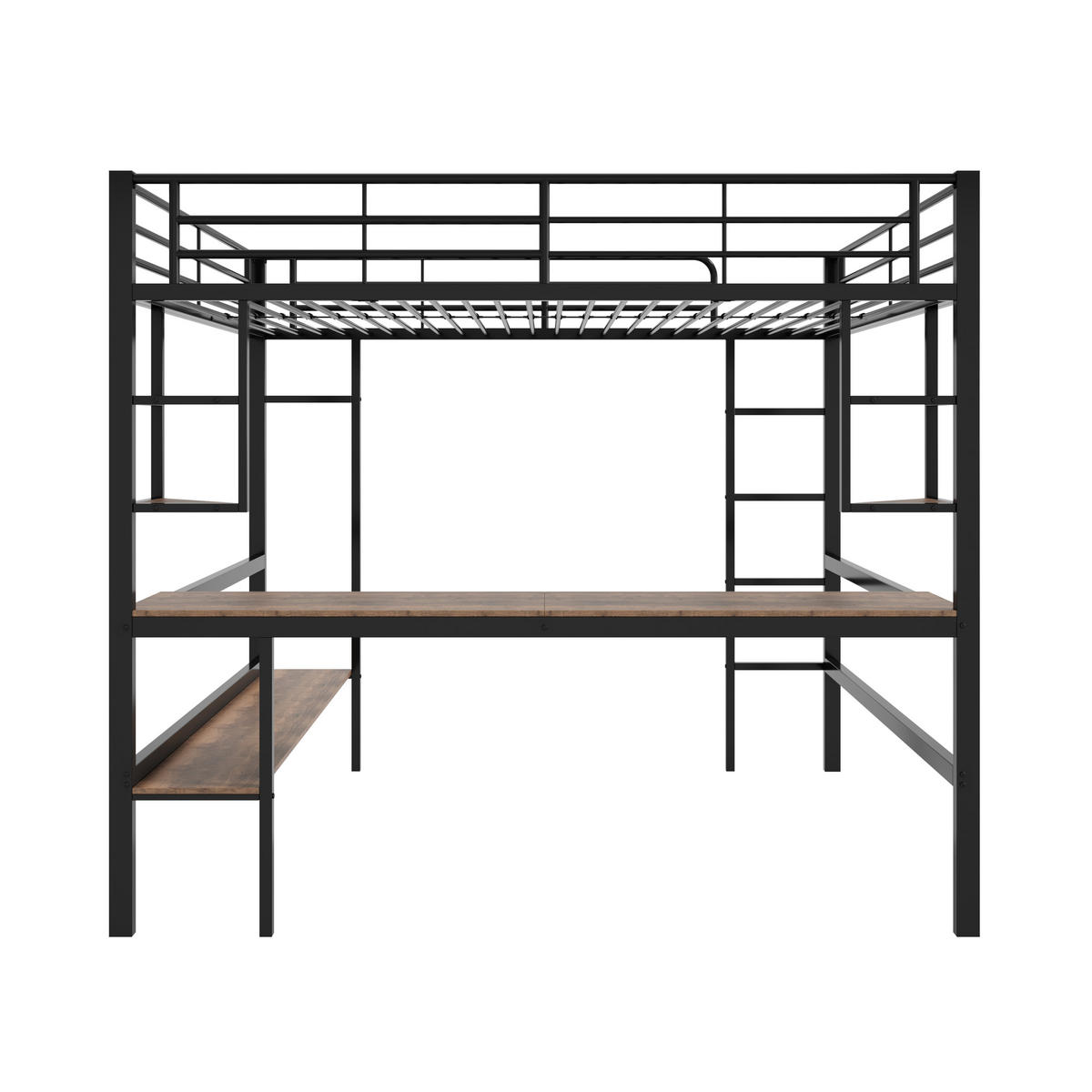 HOCHBETT 140/200 cm Schwarz Metallbett mit Schreibtisch und Regalen - Schwarz, Metall (140/200cm) - OKWISH