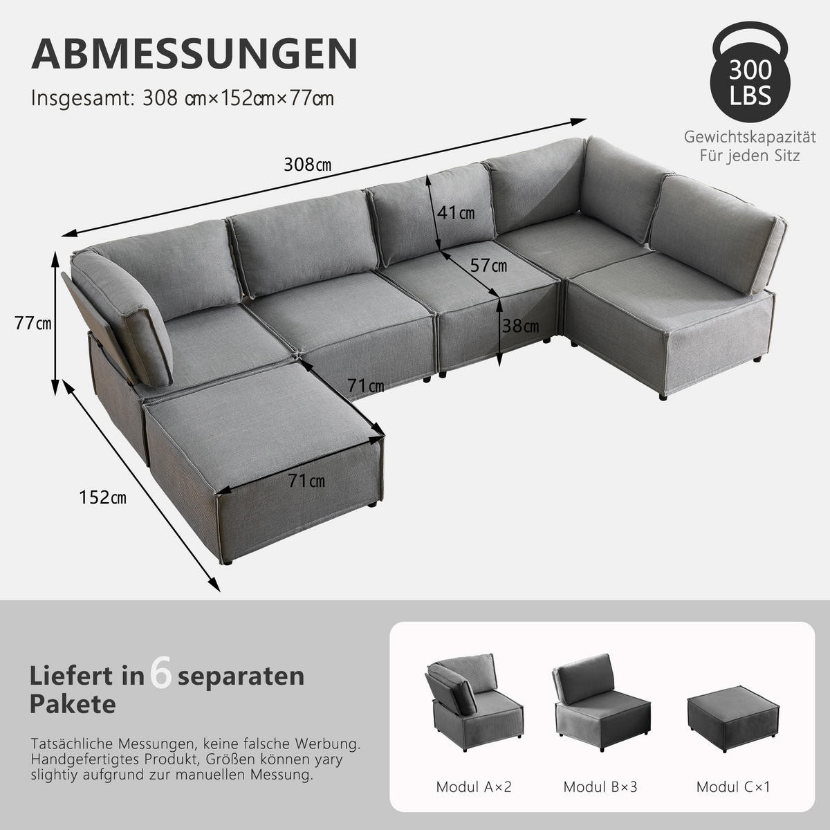 WOHNLANDSCHAFT Leinen Hellgrau mit Schlaffunktion - Hellgrau, Holzwerkstoff/Textil (308/77/152cm) - WISHDOR