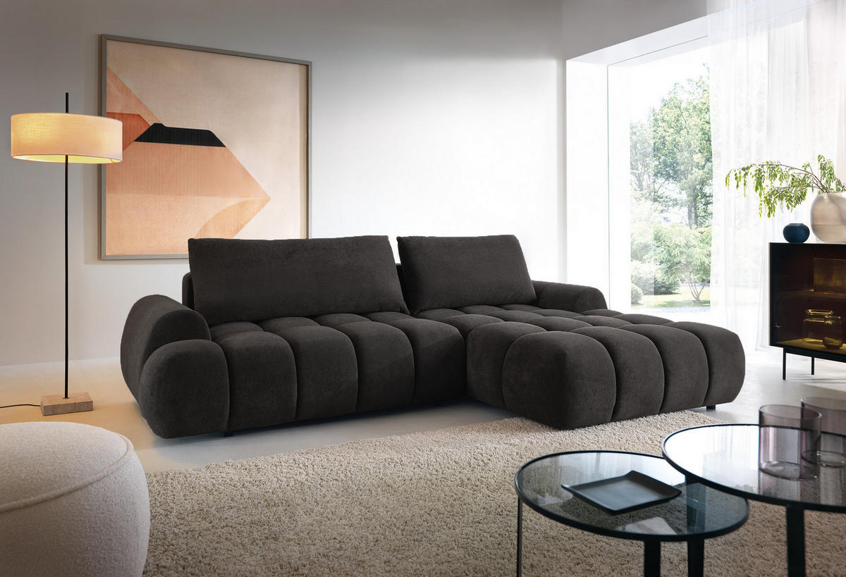 ECKSOFA 280 cm Valerio mit Bettkasten, 280 cm, Rechts, Schlaffunktion, Schwarz - Schwarz, Holz (177/280cm) - Emporius