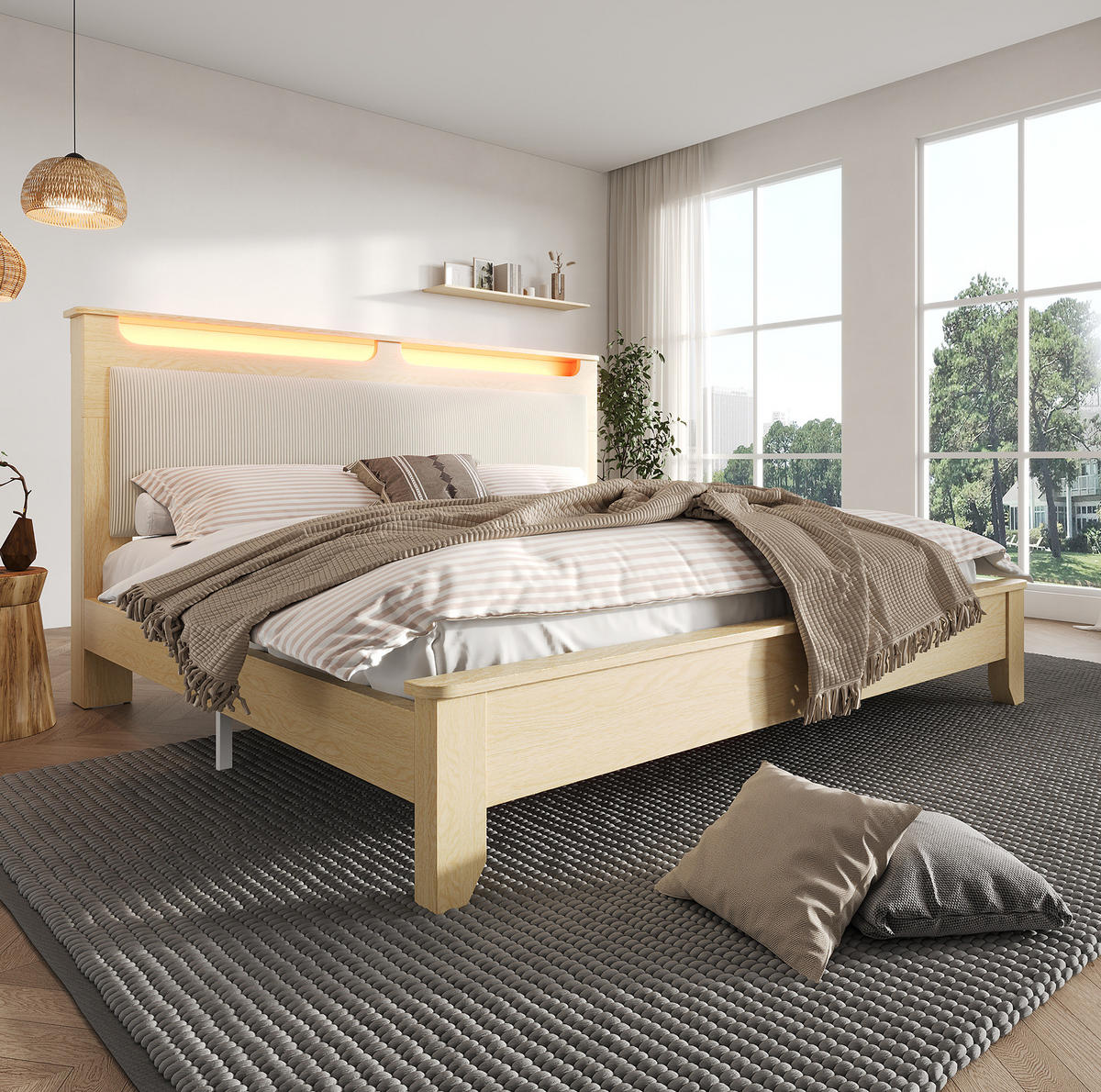 ČALÚNENÁ posteľ 140/200 cm s LED osvetlením a úložným čelom, menčestrové čelo a drevený rošt, Béžová - béžová, textil (140/200cm) - Redom