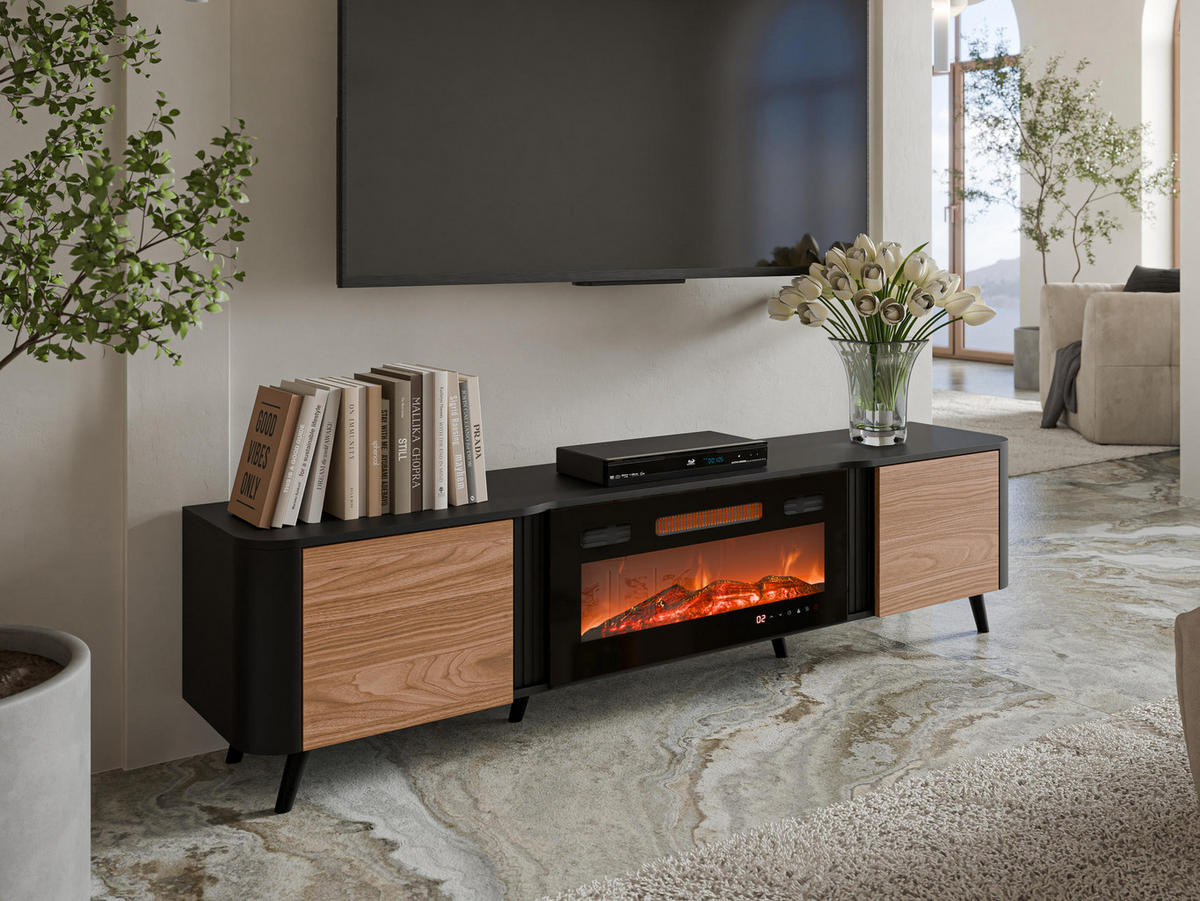 TV-LOWBOARD Volare 200 EF mit Kamin - Nussbaumfarben/Schwarz, Holzwerkstoff/Kunststoff (200/49/39cm) - MIRJAN24