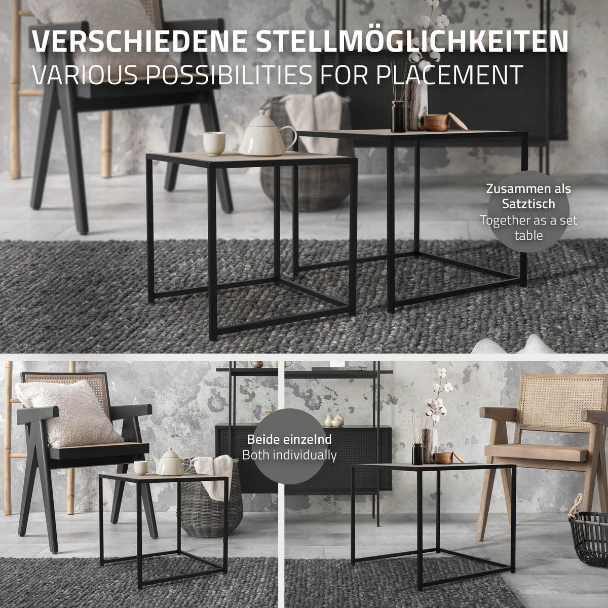 BEISTELLTISCH quadratisch Schwarz 40/40/40cm / 50/50/45cm 2er Set - Schwarz, Metall (40/40/40cm) - ML-DESIGN