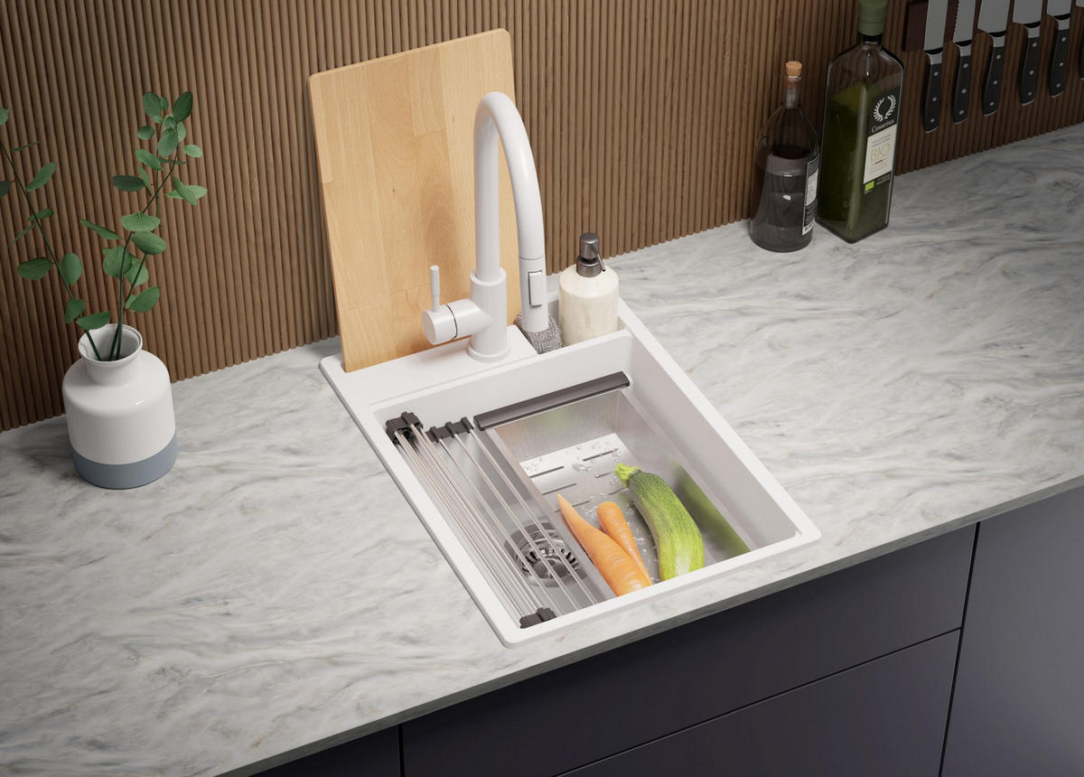 GRANITSPÜLE Oslo Pocket, 2-er set Weiß 38/53 cm 1 Becken + Küchenarmatur 40/20 cm + Ablauf-Set + Küchenzubehörset ab 40er Unterschrank - Chromfarben/Beige, Kunststoff (38/20/53cm) - Primagran