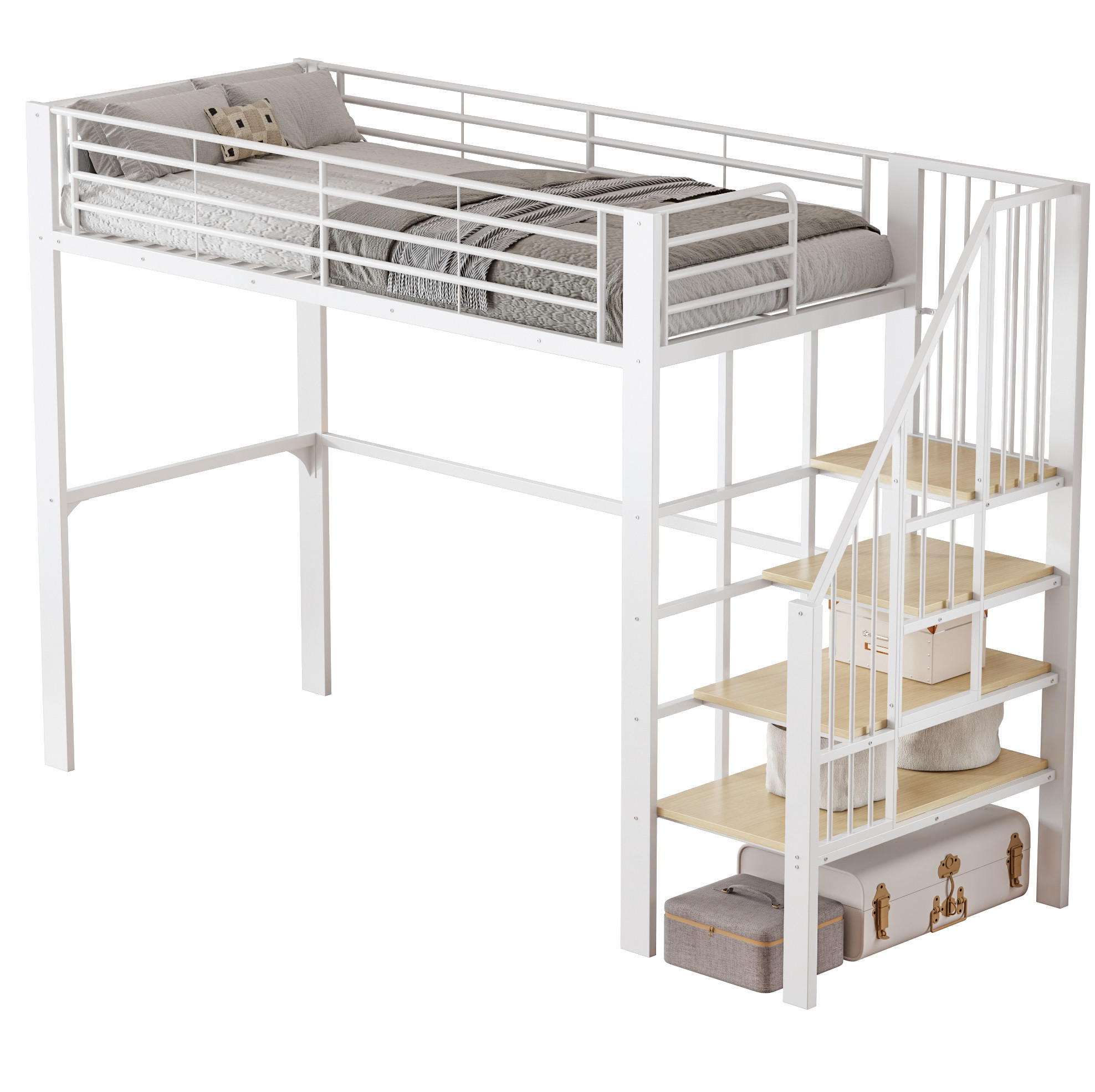 Redom VYSOKÁ postel 90/200 cm s úložným prostorem pod lůžkem a schodištěm, stabilní kovová konstrukce, Bílá
