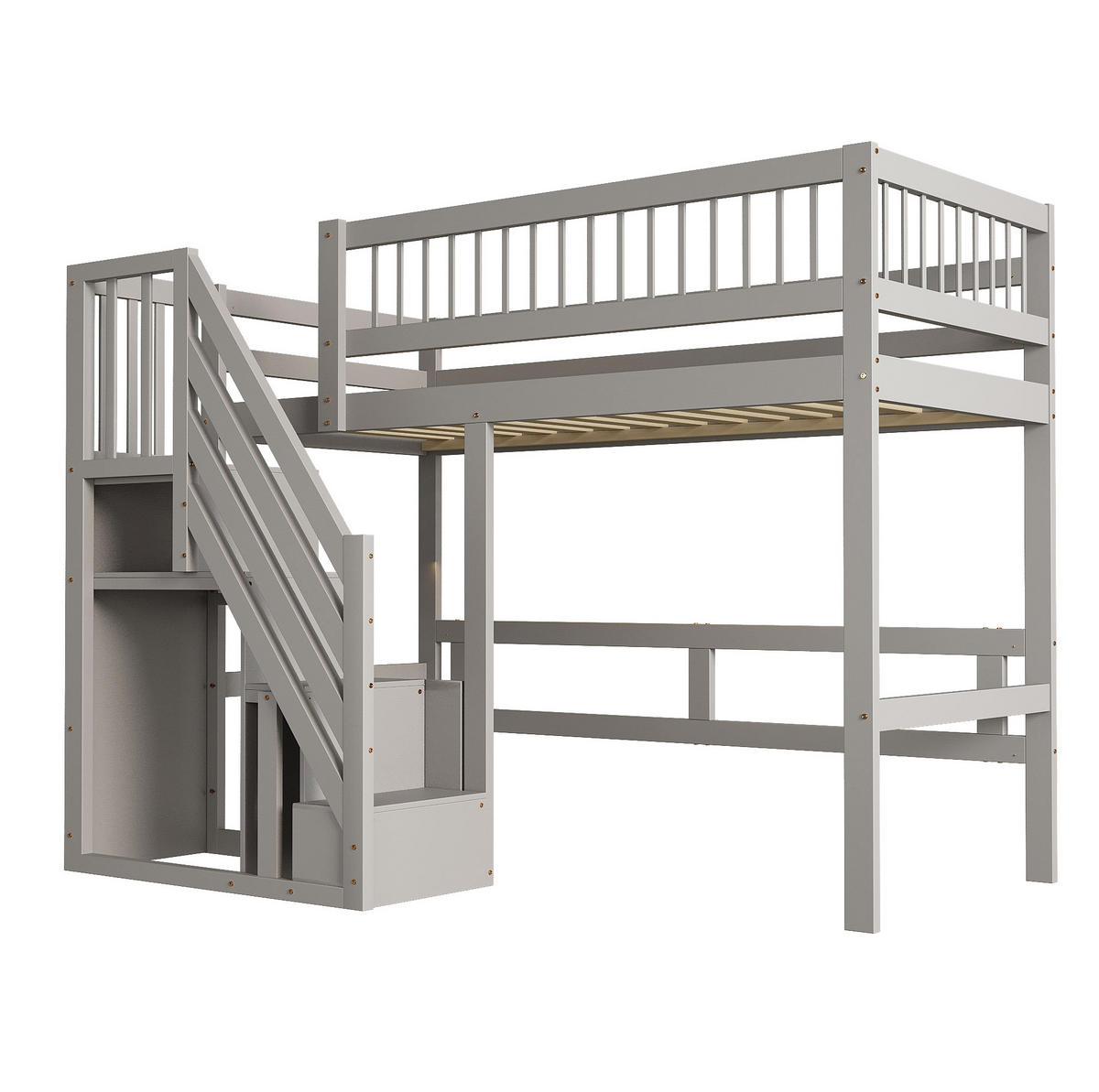 VYSOKÁ postel 90/200 cm šedá s úložnými schody z masivního dřeva - šedá, kompozitní dřevo (90/200cm) - OKWISH