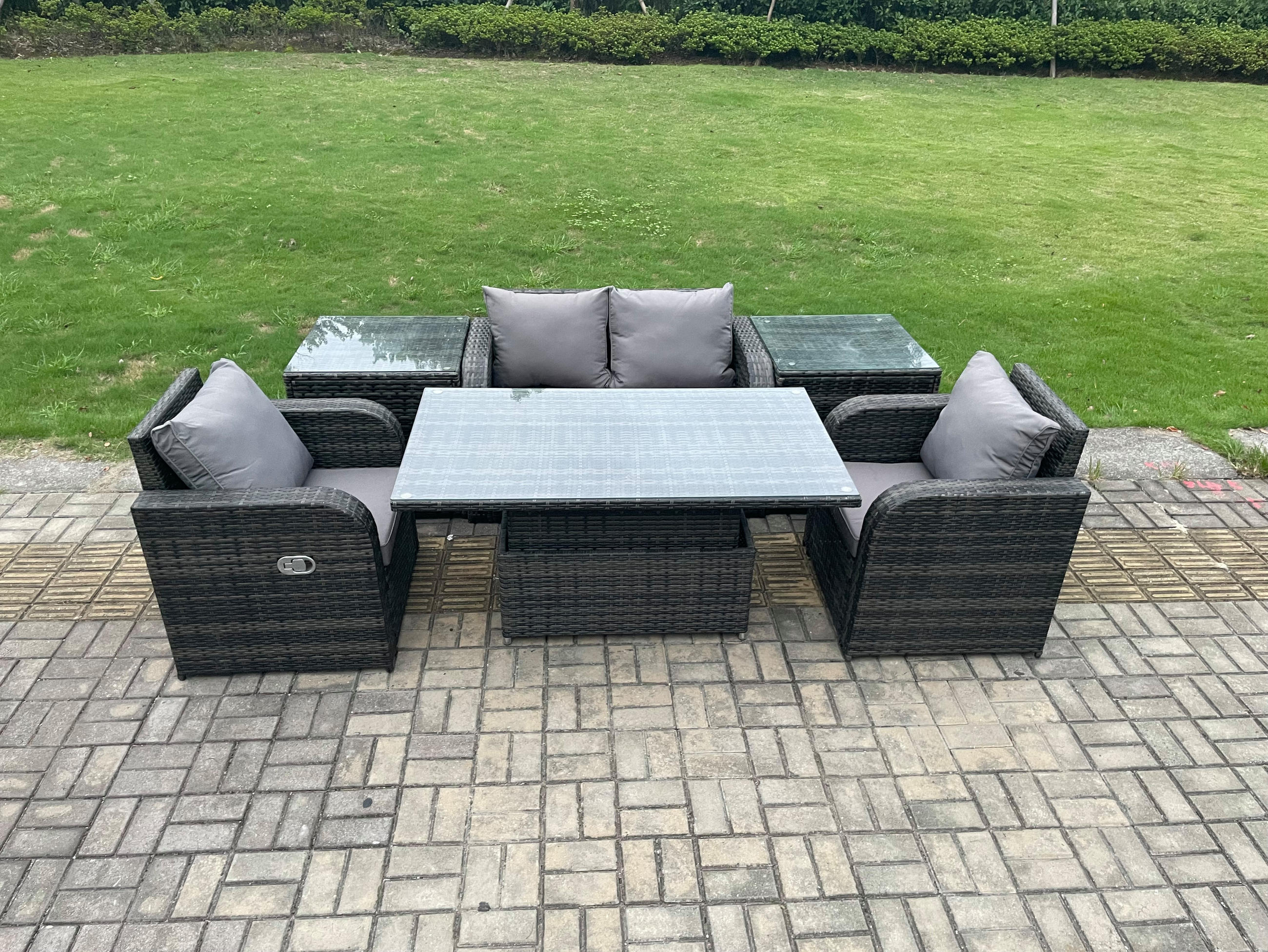 GARTENSET Polyrattan 4-Sitzer - Dunkelgrau/Grau, Glas/Kunststoff - Fimous