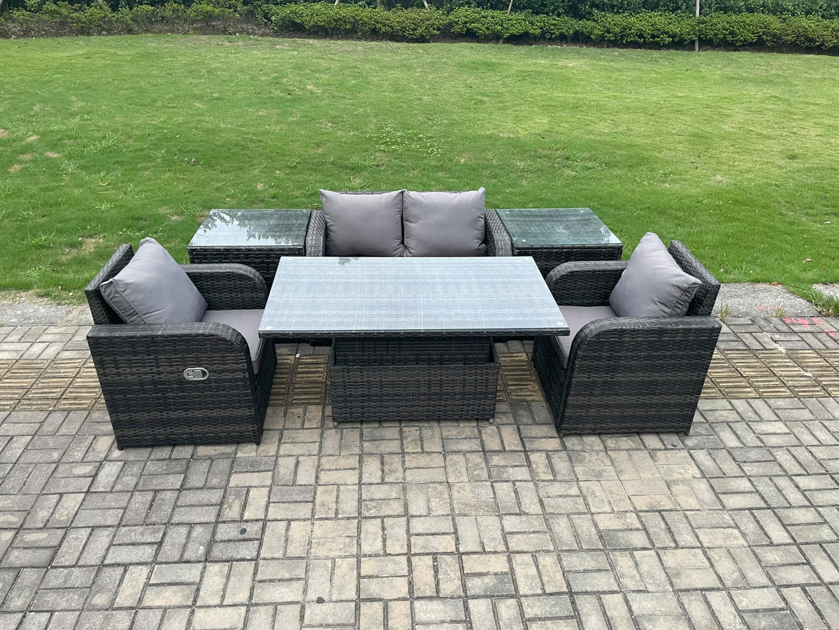 GARTENSET Polyrattan 4-Sitzer - Dunkelgrau/Grau, Glas/Kunststoff - Fimous