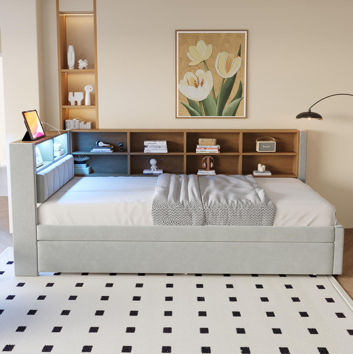 BETT mit Ausziehbett 90/200 und 90/190 cm mit LED-Beleuchtung und Ladeanschlüssen Flanell Hellgrau - Hellgrau, Textil (90/200cm) - OKWISH