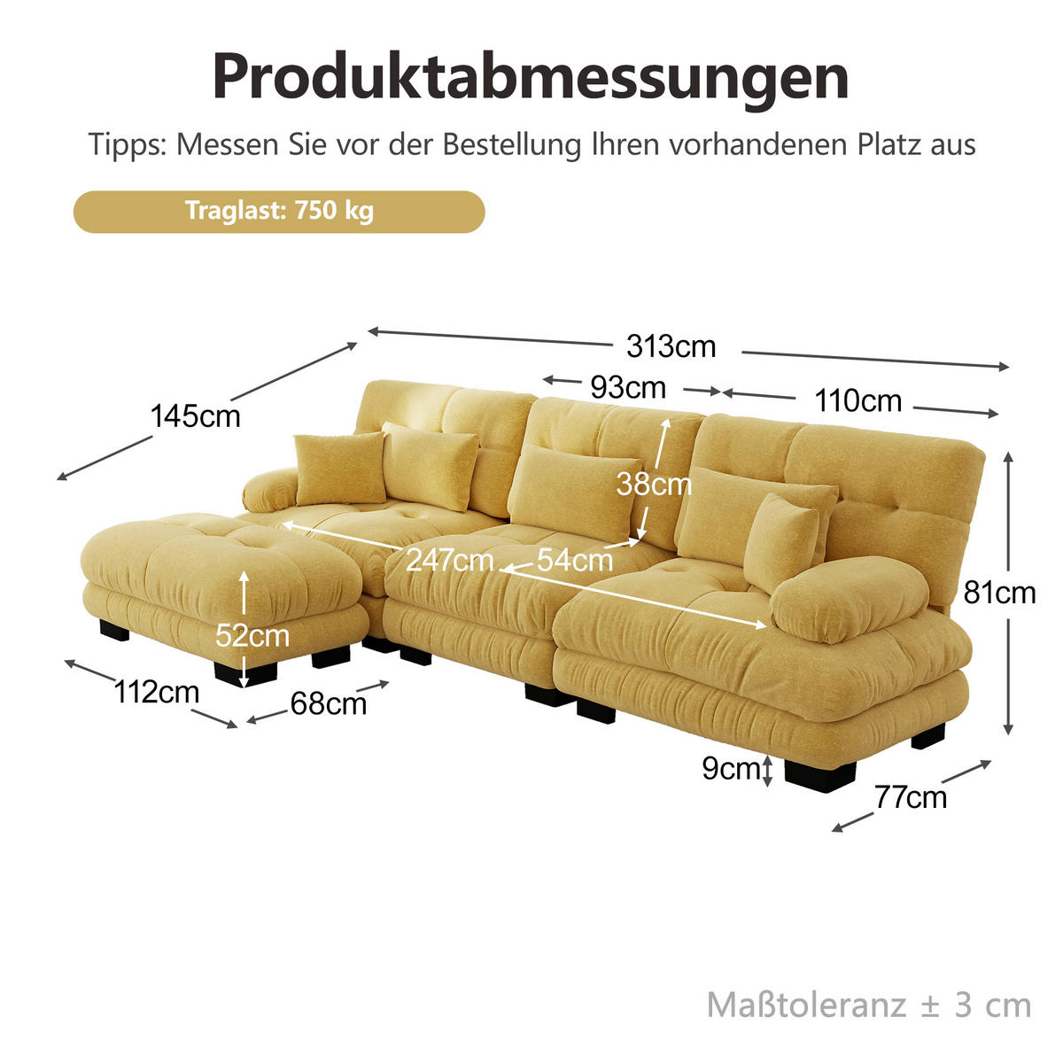 ECKSOFA DE-34065 L-förmig mit Ottoman Gelb - Gelb, Holz (145/313cm) - ComfortXL