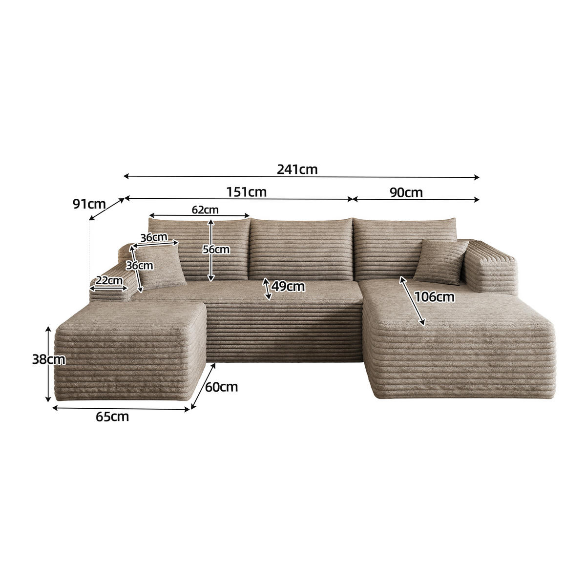 WOHNLANDSCHAFT Cord Camel ohne Montage - Hellbraun, Textil (241/58/151cm) - WISHDOR