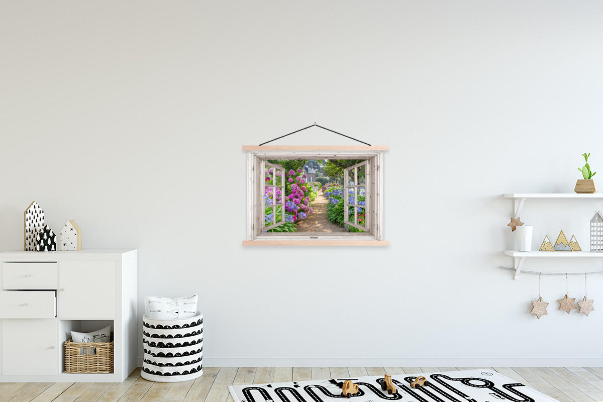 POSTER Hortensie - Durchsichtig - Blumen - Sommer - Lila - Weg 90x60 cm - Lila, Textil (90/60/0.15cm) - MuchoWow