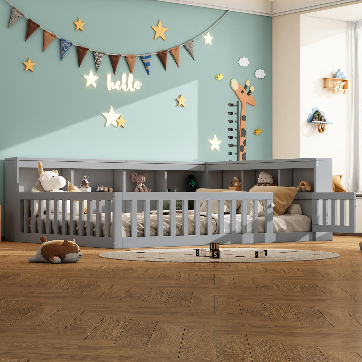 TAGEBETT 140x190cm Grau Spanplatte Bettseite Staufach Steckdose USB - Grau, Holz (140/190cm) - FLIEKS