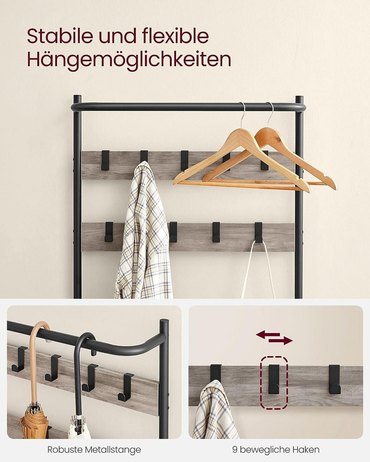 GARDEROBENSTÄNDER STOCKHOLM - Schwarz, Holzwerkstoff (64/180/32.2cm) - Hansiro