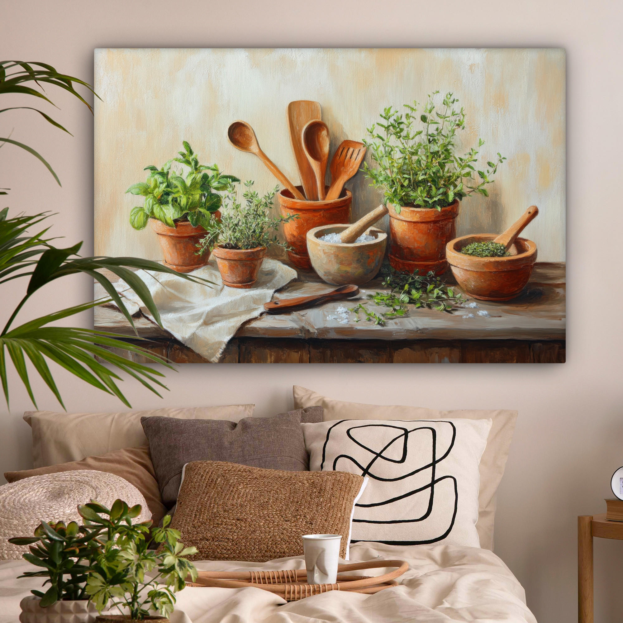 LEINWANDBILD Töpfe - Kräuter - Holz Wohnzimmer 120x80 cm - Terracotta, Textil (120/80cm) - MuchoWow