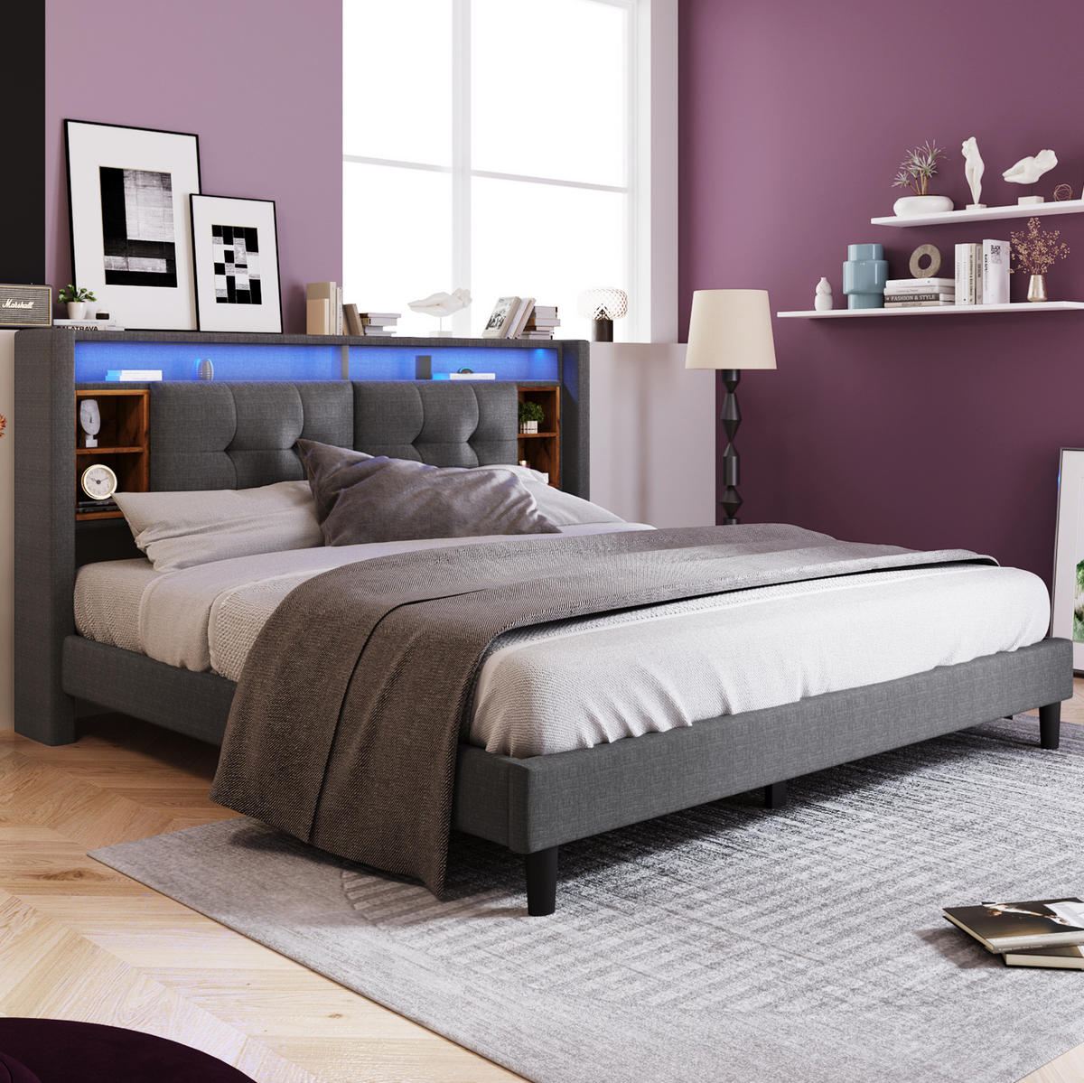 POLSTERBETT aus Massivholz 160x200 cm in Grau mit Matratze & LED - Grau, Holz (160/200cm) - Modfu