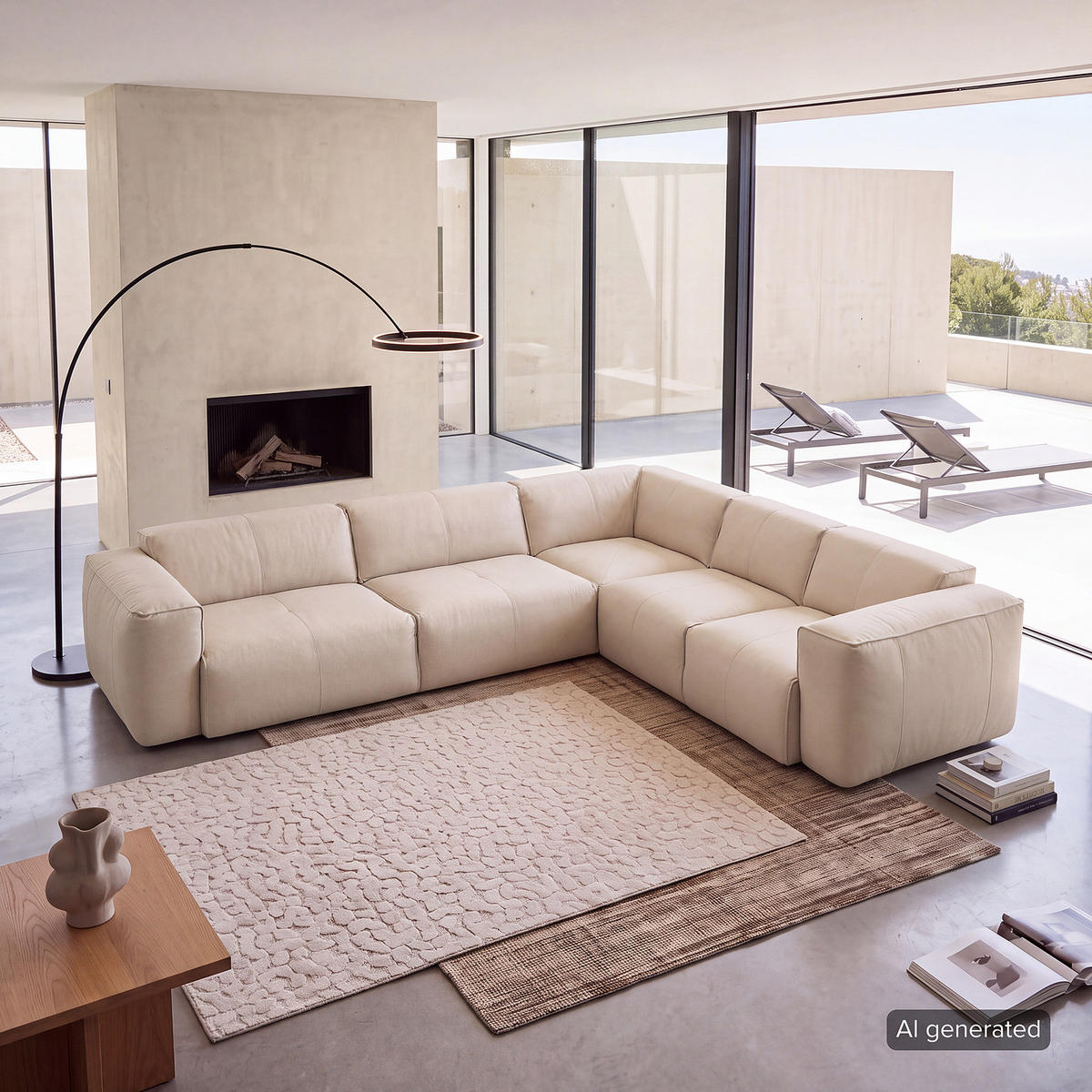 ECKSOFA mit Rundecke - Hellgrau/Schwarz, Leder/Kunststoff (325/260cm) - home24